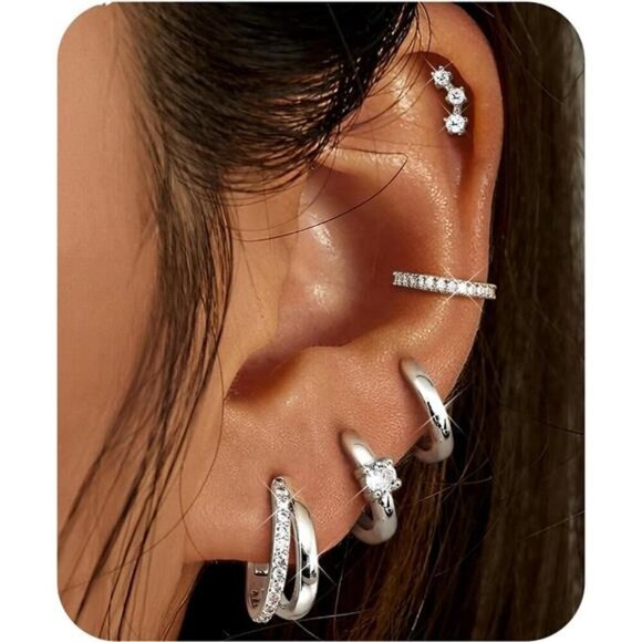 5-Pair Silver Hoop & Stud Earring Set – CZ, Huggie, Double & More Dainty Minimal - Picture 1 of 5